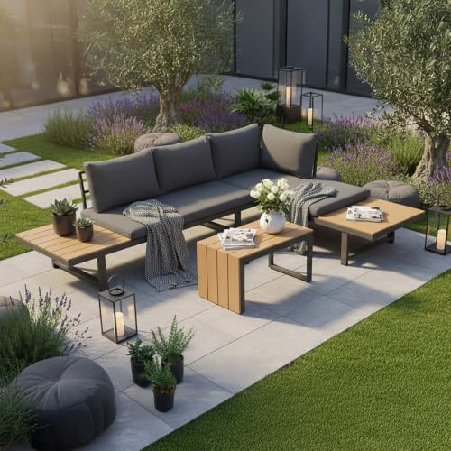 Riess Ambiente Set Ibiza MODULAR Lounge - 250cm - grau - Aluminium | Kissen inklusive, abnehmbarer Bezug, pflegeleichte Oberfläche, Outdoor-Möbel, wetterfest, komfortable Rückenlehne