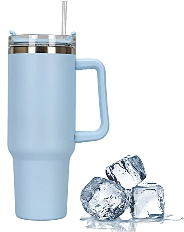 Reisebecher mit Strohhalm und Deckel, aus Edelstahl, doppelwandiger, vakuumisolierter Kaffeebecher für heißen und kalten Kaffee, Reisebecher mit Griff, Kaffeebecher für unterwegs, 1182 ml, Farbe Blau