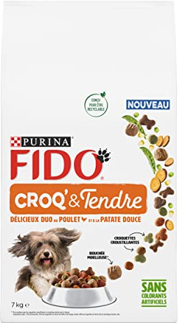 FIDO | CROQ’ & Tendre | Chien Adulte | Croquettes croustillantes et bouchées moelleuses | Source de protéines de qualité | Duo au Poulet et Patate Douce | Produit en France | Sac | 7 Kg
