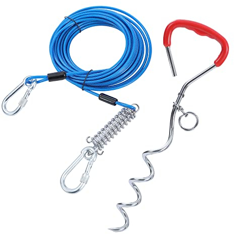 TOPWAY Cable para Atar Perros 10m y Piqueta en Espiral de 42cm, Amarre para Mascotas, para Exteriores Jugar, Acampar y en el Patio Trasero, Azul + Roja