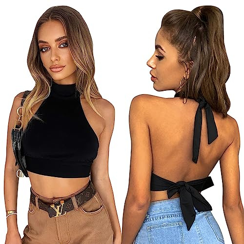 Camiseta sin Mangas para Mujer Top Cuello Halter Crop Top sin Espalda Camisetas Sexy Tops Ajustada Blusa Corta Casual Cami Tank Tops Verano Streetwear