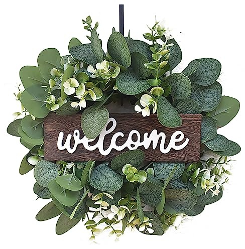 Welcome Sign Wreath, 12-Inch Artificial Eucalyptus Wreath with Wooden Sign for Front Door Wall Window Estival Ornaments Home Garden Decoration (wellcome)