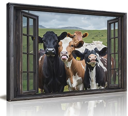 Farmhouse Cow Wall Art Rustic Funny Friends in The Window Landscape Cattle Canvas Print Picture Farm Animal Painting Artwork for Bathroom Bedroom Living Room Decor