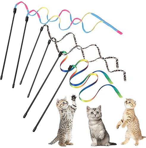 Cobee 6 Packungen Katzen Zauberstab Spielzeug Set, 30 cm Interaktiver Katzen Zauberstab mit 60 cm Regenbogenbandschnur + Regenbogen Stoffschnur + Leopardenmuster Stoffschnur für Trainingsgerät Indoor
