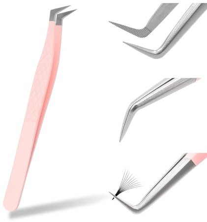 Professionelle Wimpernverlängerungspinzette für Wimpernverlängerungen, Metall-Edelstahl-Pinzette, rosafarbener Ellenbogen, alleinstehend (sieben Pinzetten)