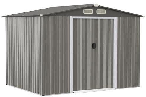 GOPLUS 260 × 207 × 180 cm verktygsskjul med fundament, 9,7 m³ verktygsskjul med skjutdörrar, ventilationsfönster och sadeltak, metallträdgård hus för trädgård och terrass (mörkgrå)