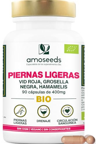 Piernas Ligeras BIO | 90 cápsulas, 100% Orgánico | Para Piernas Cansadas, Hinchadas, Circulación, Retención de Líquidos | Vid Roja, Grosella Negra, Hamamelis | Primera Calidad