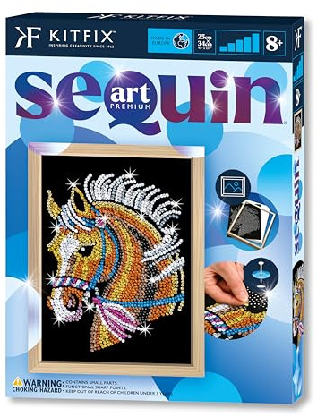 Kitfix - Sequin Art Cheval avec cadre en bois - 27 x 36 cm - Sequin Art Blue Premium - Image à paillettes - Kit de création pour adolescents, adultes et enfants de plus de 8 ans - 1517