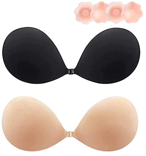 Lnmyic Osynlig BH självhäftande kupor klistermärken bröst push up återanvändbar silikondekal push up osynlig klibbig andningsbar axelbandslös bh med bröstvårtsskydd, beige + svart, F