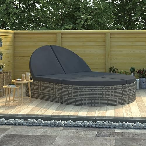 Homgoday Doppel-Sonnenliege mit Kissen Doppelliege Sonnenliege Gartenliege Rattanliege Relaxliege Sonnenbett Freizeitliege Verstellbar Rückenlehne für Garten Balkon Poly Rattan Grau
