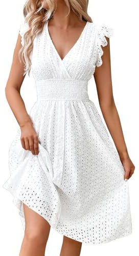Sommerkleider Damen Ballkleider lang Langarm Kleid Einfarbig Spitze Hohl V-Ausschnitt Rüschen Kurze Ärmel Mini Curvy Kleider(Weiß, S)