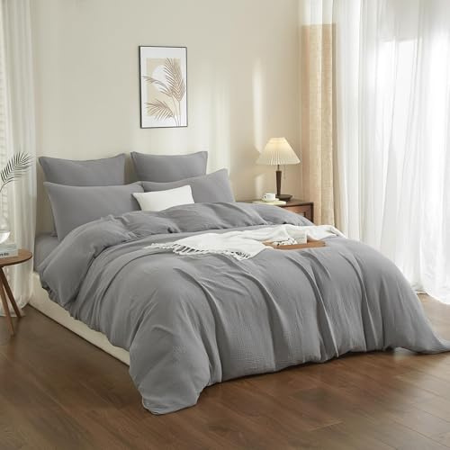 YASMENG Doppelte Muslin Bettwäsche 155x220 Grau Anthrazit 100% Baumwolle Bettwäsche Muslin Weich Atmungsaktiv Kuschelige Bettbezug Set 3 Teilig mit Reißverschluss und 2 Kissenbezüge 80x80