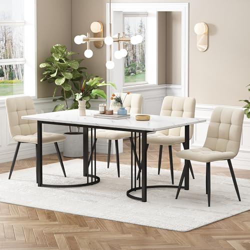 KUAKE Esstisch-Set mit 4 Stühlen 140x80 cm, Essgruppe mit 4 Stühlen aus Samt, Küchen-Esstisch für Zuhause & Familie, Schwarz Metall Tischbeine + 4 Dunkelgrau Stühlen(Beige-B)