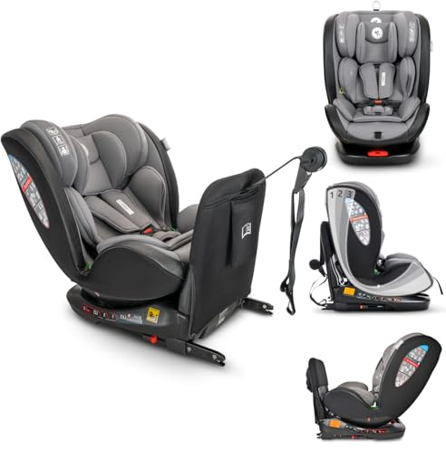 Lorelli Auto Kindersitz Ares mit Isofix, 360 Grad drehbar, (0-36 kg) Mitwachsender Autositz i-Size 40-150cm - Gruppe 0+/1/2/3, Babysitz ab Geburt, 5-Punkt-Gurt, Einstellbare Kopfstütze, grau