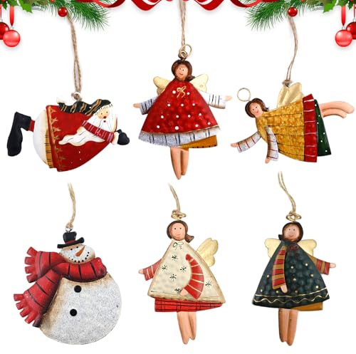 6 Stück Weihnachtsanhänger Engel Weihnachtsmann Schneemann Metallanhänger | für den Weihnachtsbaum,Weihnachten Hängender Schmuck Weihnachtsbaumschmuck Fensterschmuck（red, White and Green 6）