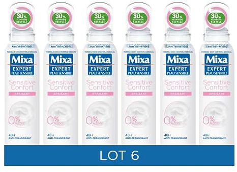 Mixa Anti-Transpirant Sensitive Confort Apaisant Atomiseur 150ml Lot de 6 | Protection longue durée, Formule apaisante peaux sensibles, Confort optimal, Gamme Mixa Sensitive