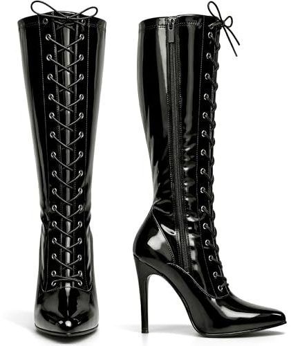 Golden Beads Women ladies boots Knee high Stiletto heel front lace-up with side zip pointed toe, ladies faux leather boots