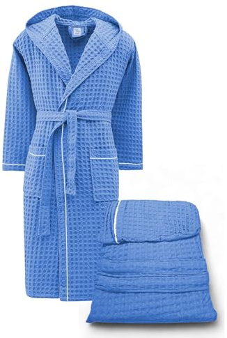 Tex family Peignoir Homme Femme en Coton avec Capuche, BEE Apone Nid d'Abeille, Séchage Rapide, Doux, bleu ciel, M