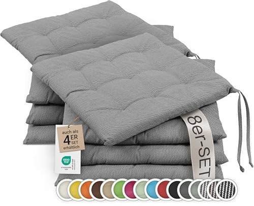 ZOLLNER 8er Set Sitzkissen in 40x40cm - gemütliche Stuhlkissen mit Bindebänder - waschbar bis 30°C - in schwarz-weiß-gestreift - Oeko Tex® Zertifiziert