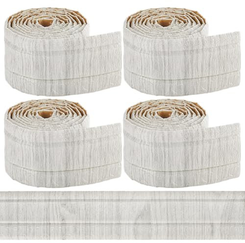 CRASPIRE Moldura de Corona para Papel Tapiz de 362 x 3.14 Pulgada Autoadhesiva Flexible con Veta de Madera de Roble Beige Zócalo 3D Borde de Pared Adhesivo con Espejo Vintage Líneas de Base de Espuma