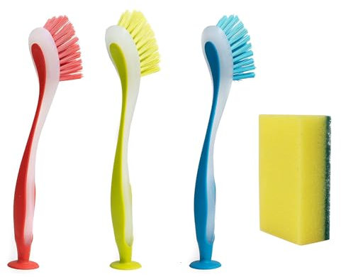 TUBAWD 4pcs Set Washing Up Brush, Dish Brush, Kitchen Dish Brushes with Suction Cup, Multicolor, Plastic Handle, Nylon Bristles, Cleaning Brush, Kitchen & Bathroom Surfaces
