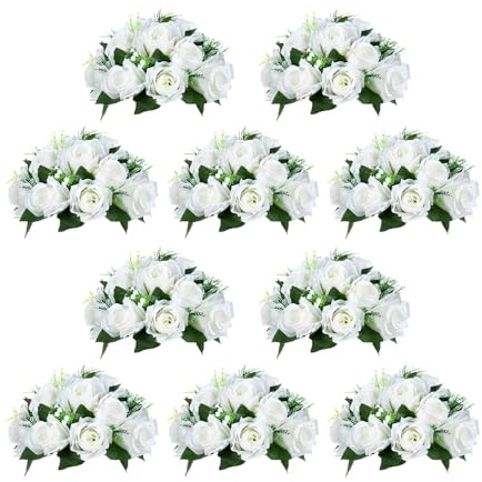 Barlezy Artificial Flowers Ball Wedding Centerpieces, 10 Large Pure White Flower Garland Center Piece, 10 Pcs Fake Flowers, 15 Heads Plastic Roses with Base, Silk Flowers for Party, Home Décor