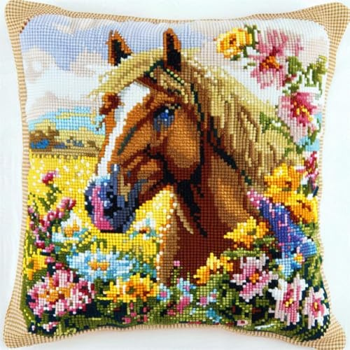 Taxpy DIY Knüpfhaken-Set, Kissenbezug, Blumen und Pferde Latch Hook Kissen Kit, Knüpfkissen Set Anfänger Erwachsene zum Selber Knüpfen, Knüpfteppich Knüpfpackung, 43x43cm