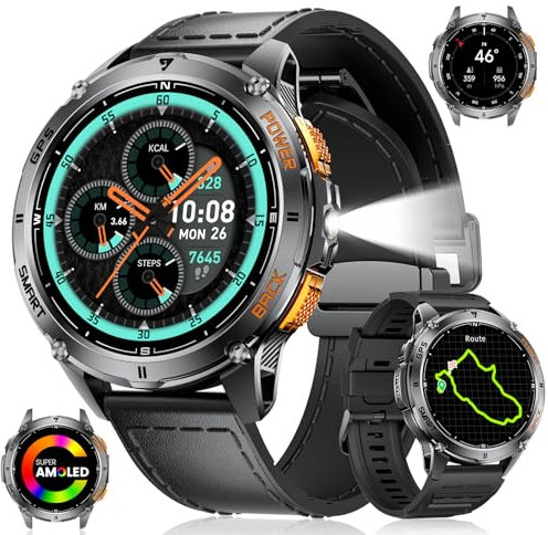 LIGE 2025 Smartwatch Uomo con GPS, 1.43'' AMOLED Orologio Smart Watch con Torcia LED/530mAh/Chiamata Bluetooth, Impermeabile Cardiofrequenzimetro SpO2 e Sonno per Android iOS