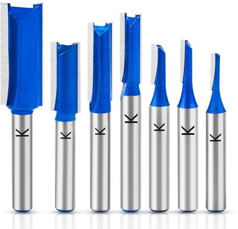 RURITKIT 7Pcs Straight Cut Router Bit Set 1/4 Shank, Carbide Tipped Double & Single Flute Dado Straight Router Bit Set,1/8,5/32,3/16,1/4,5/16,3/8,1/2 Cutting Dia. for Woodworking