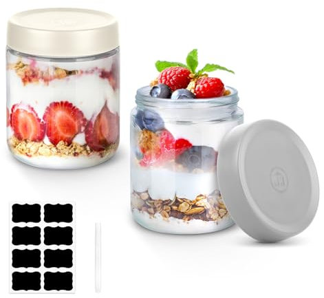 2er-Pack Overnight Oats Gläser, 500ml Einmachgläser mit Schraubdeckel, Overnight Oats Behälter mit Etiketten & Stift Meal Prep Gläser für Hausgemachte Marmelade, Einlegen, Einmachen(Weiß und Grau)