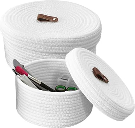 2 Pezzi Cestino Portaoggetti con Coperchio - Cestino in Corda di Cotone - Cesto Portaoggetti Intrecciato, Impilabile Scatola di Immagazzinaggio per Cucina, Soggiorno, Bagno(Bianco)
