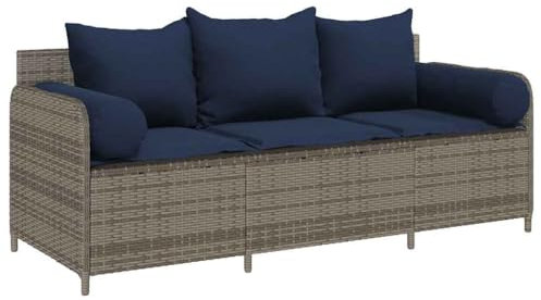 vidaXL Gartensofa mit Kissen 3-Sitzer Grau Poly Rattan, Outdoor-Sofa, Outdoor-Möbel, Terrassensofa, Gartenmöbel, Terrassenmöbel, Palettensofa