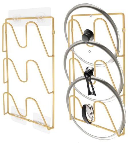 UpChoNice 2 Pack Pot Lid Organizer Rack, 6-Tier Rustproof Pot Lids Holder for Cabinet Door/Wall, No Drilling Adhesive Mounted, Pot Top and Pan Cover Storage inside Kitchen Cabinet (Gold)