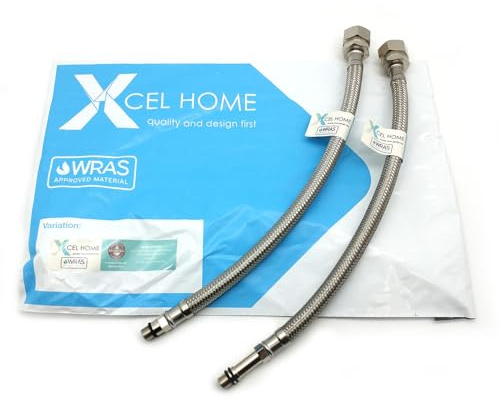 Xcel Home 2 x M12 x 15mm WRAS Approved Compression Flexible Tap Connectors 300mm Braided Hose Pipe for Kitchen Sink & Bathroom Basin Monobloc Mixer Tap Replacement