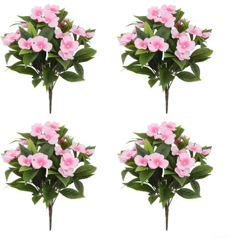 MeevrgR Lot de 4 fleurs artificielles impatiens - 40 cm - Résistant aux UV - Faux rhododendrons (5 couleurs) - Lot de 4 pour paniers suspendus et décoration extérieure (rose)