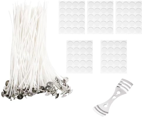 CORTNEY 100 Stück 10 cm Kerzendocht Kerzen Dochte, 1 Metal Kerzendocht Zentriergerät, 100 Stück Kerzen Sticker, Verwendung für Kerzenherstellung Set DIY