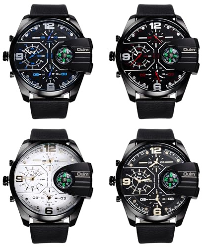 JewelryWe Herrenuhr Große Uhren mit 3 Zeitzonen, Herren Analog Quarz Armbanduhr mit DREI Uhrwerken Schwarz Übergroßes Zifferblatt Outdoor Sportuhr mit PU Lederarmband und Dekorativem Kompass