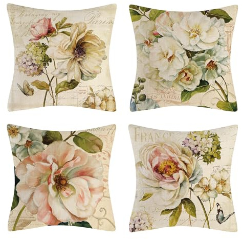 Vgzsyomqib Beige Blumen Kissenbezug Quadratisch Leinen Sofakissen Kissenbezüge 50x50 Frühling Muster Dekokissen Zierkissen 4er Set Vintage Deko Kissenhülle für Sofa Couch Outdoor Wohnzimmer