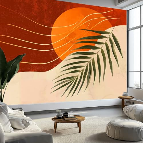 Générique Papier Peint Panoramique Style Bohème 3D Peinte Feuilles de Palmier Abstraites Rayures Intissé Murale, 350 x 256 cm (L x H) Photo Murale pour Salon Chambre d'enfants restaurant Décoration