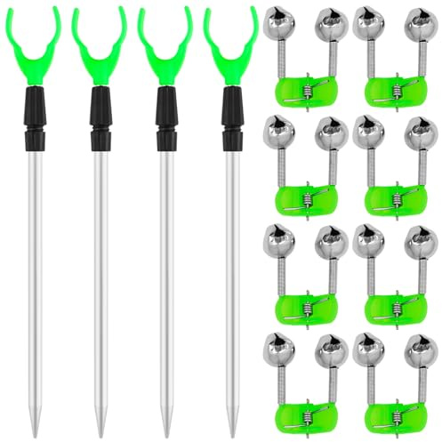 BANBAN Fishing Rod Holder for Ground 4 Pcs Extendable Telescopic Fishing Pole Holders Rest Fishing Bank Sticks and Rod Rests for Bank Ground Sand with 8 Pcs Alarm Bells