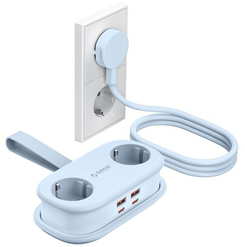 ORICO AP3 65W GaN PD Reise Steckdosenleiste USB‑C Blau | 2‑fach Schuko, 2x USB-A & 2x USB‑C, GaN Technologie, 2500W, 1,6 m Verlängerungskabel, platzsparend für Reisen, Zuhause & Büro