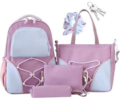 Wezalget Mochila escolar, juego de 4 piezas porta libros, mochila espaciosa multifunción para niñas adolescentes, ideal para estudio, viajes cortos y compras libros papelería, violeta,