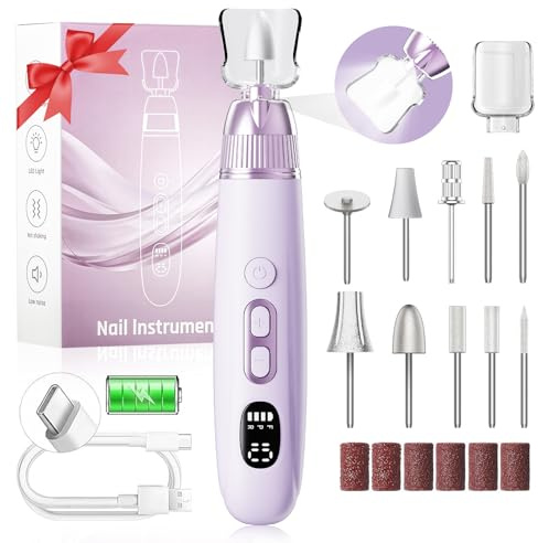 CozyZen Profi-Elektrische Nagelfräse, Akku-Nagelbohrer mit 10 Geschwindigkeiten & LED-Leuchte - Portable Maniküre-Pedicüre-Set für Menschen, Haustiere, dicke Zehennägel, Natur- & Akrylnägel​​ (Lila)