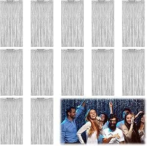 12 pezzi argento tenda metallica con frangia lucida in alluminio Shimmer tenda glitterata decorazione festa matrimonio compleanno Halloween Photobooth Natale Party (1 x 2 m)