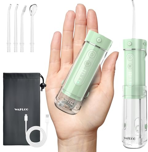Water Flosser Travel Mini Cordless Portable: 5 Modes Water Dental Floss with Telescopic Water Tank, 4 Tips, IPX7 Waterproof Oral Irrigator for Teeth Cleaning, Orthodontic, Braces Dental Care (Green)