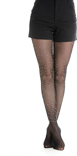 Strass Blommig Spets Strumpbyxor, Nätstrumpor Dam Mönstrad Elegant Vertikal Randig Design, Svart, SVART SMÅ DIAMANTER, S-M