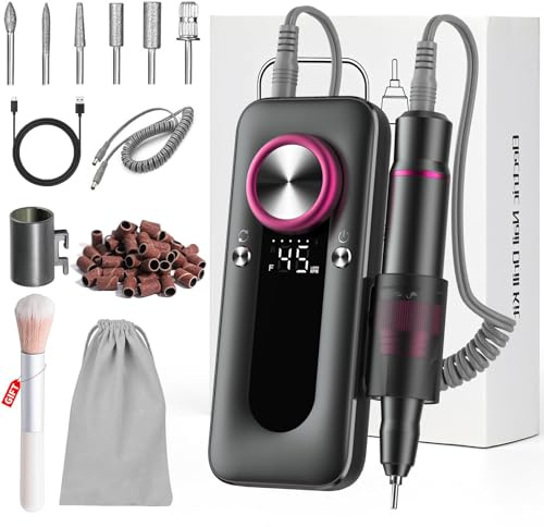 Elektrische Nagelfräser 45000 U/min Wiederaufladbare Professionelle Elektrische Nagelfeile 4000mAh USB Aufladbare Tragbare Elektrische Nagelfeile mit Nagelbits LCD-Display für Acrylnägel und Gelnägel