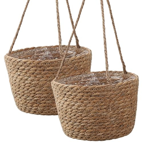 Ameble Paquete de 2 macetas Colgantes de Pasto Marino Tejidas a Mano de 7, 87 Pulgadas, cestas Colgantes Verdes Naturales para Uso Interior y Exterior, macetero para Plantas, decoración del hogar
