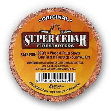 Super Cedar Firestarters - 36 pastillas encienden hasta 144 fuegos. Las pastillas queman limpiamente, Con alta temperatura y arden hasta 30 min., Sólo una cerilla para prender, Ecológicas.