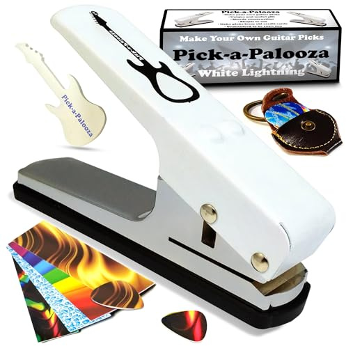 pick-a-palooza ® DIY Guitar Pick Punch – Die Premium Gitarre Plektrum-Hersteller und eine Leder Schlüsselanhänger Plektrum Halter Geschenkset weiß